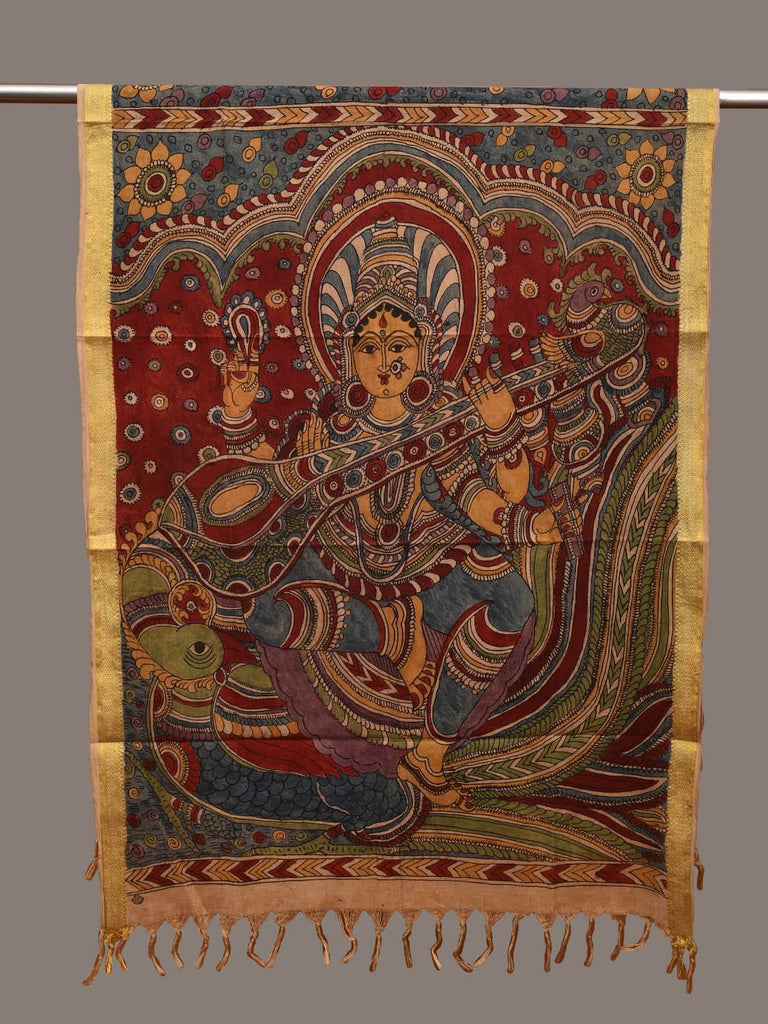Multicolor Kalamkari Hand Painted Cotton Handloom Dupatta with Saraswati and Zari Border Design ds3111