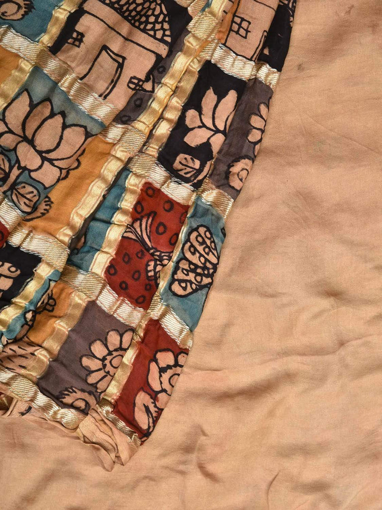 Multicolor Kalamkari Hand Painted Kanchipuram Silk Handloom Dupatta with Checks Design KL0429