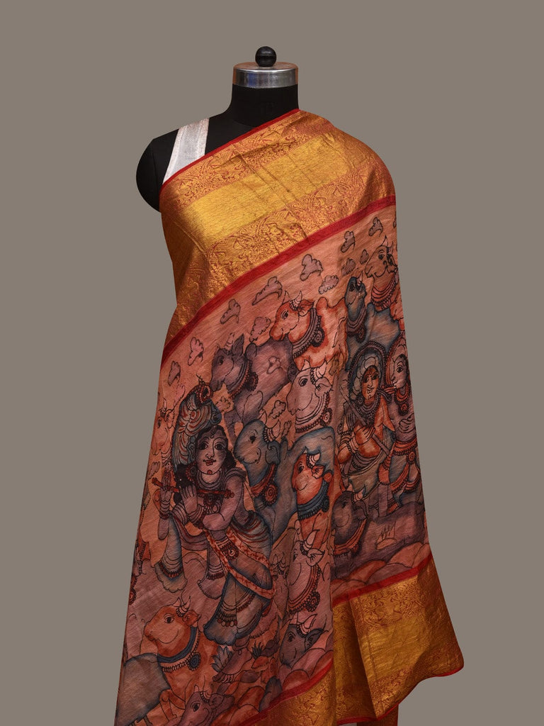 Multicolor Kalamkari Hand Painted Kanchipuram Silk Handloom Dupatta with Cows and Krishna Design ds2995