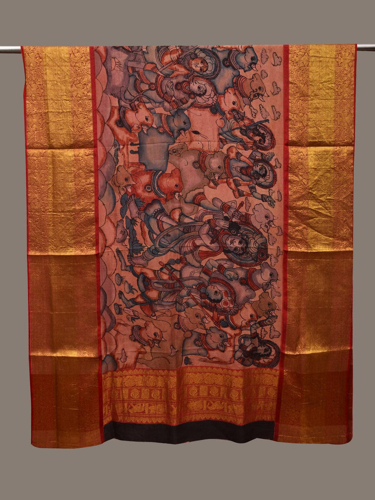 Multicolor Kalamkari Hand Painted Kanchipuram Silk Handloom Dupatta with Cows and Krishna Design ds2995