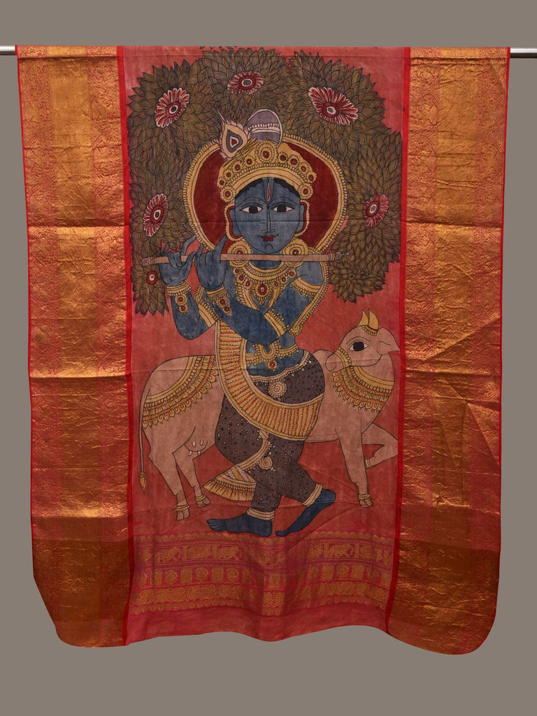 Multicolor Kalamkari Hand Painted Kanchipuram Silk Handloom Dupatta with Krishna and Cow Design ds3004