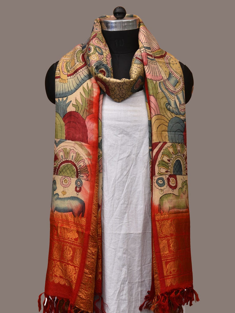 Multicolor Kalamkari Hand Painted Kanchipuram Silk Handloom Dupatta with Krishna and Radha Design ds3173