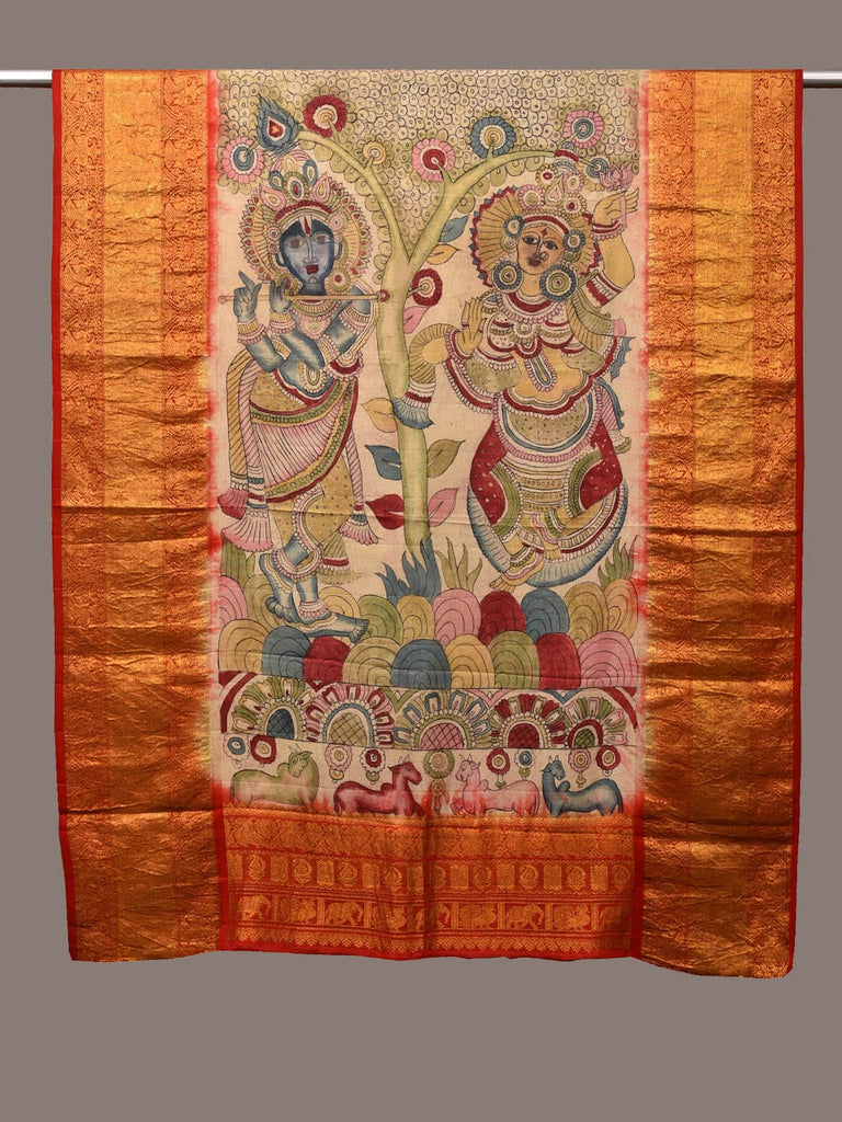 Multicolor Kalamkari Hand Painted Kanchipuram Silk Handloom Dupatta with Krishna and Radha Design ds3173