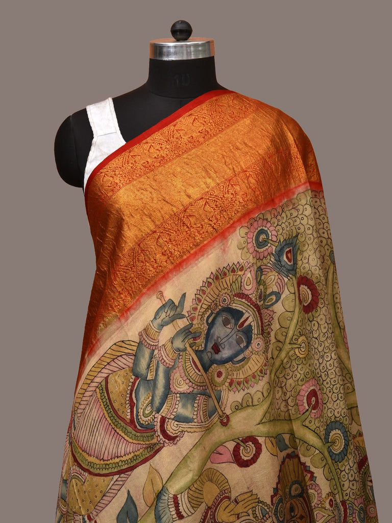 Multicolor Kalamkari Hand Painted Kanchipuram Silk Handloom Dupatta with Krishna and Radha Design ds3173