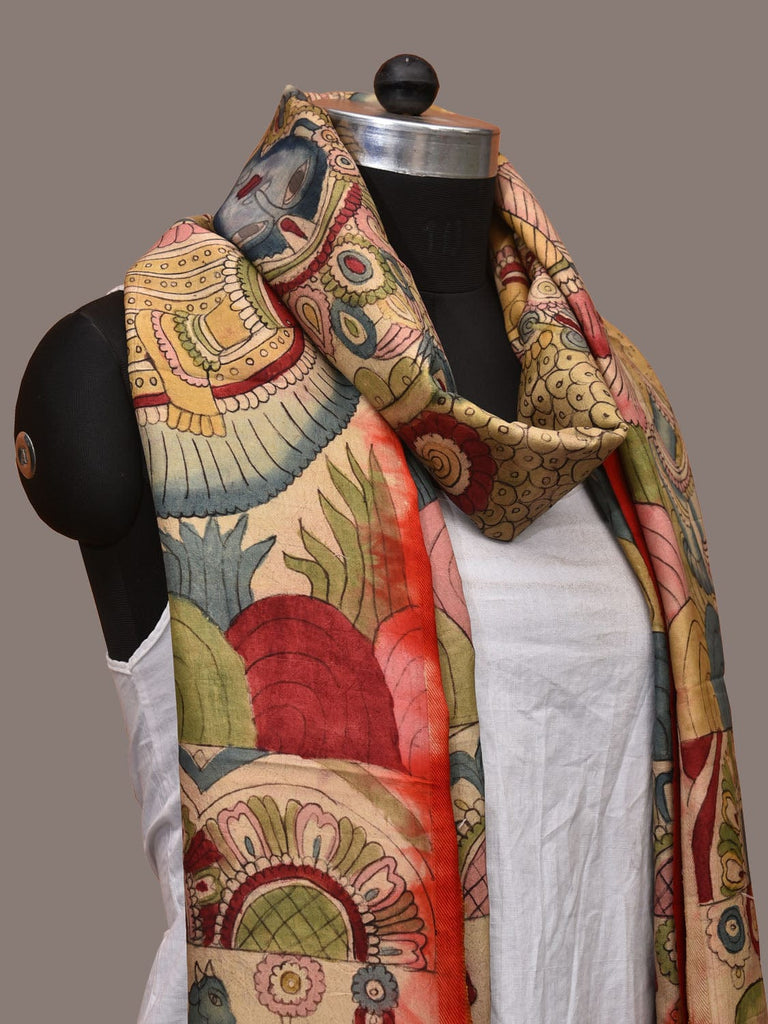 Multicolor Kalamkari Hand Painted Kanchipuram Silk Handloom Dupatta with Krishna and Radha Design ds3173