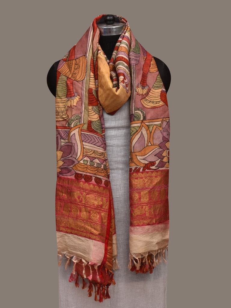 Multicolor Kalamkari Hand Painted Kanchipuram Silk Handloom Dupatta with Krishna Design ds3006