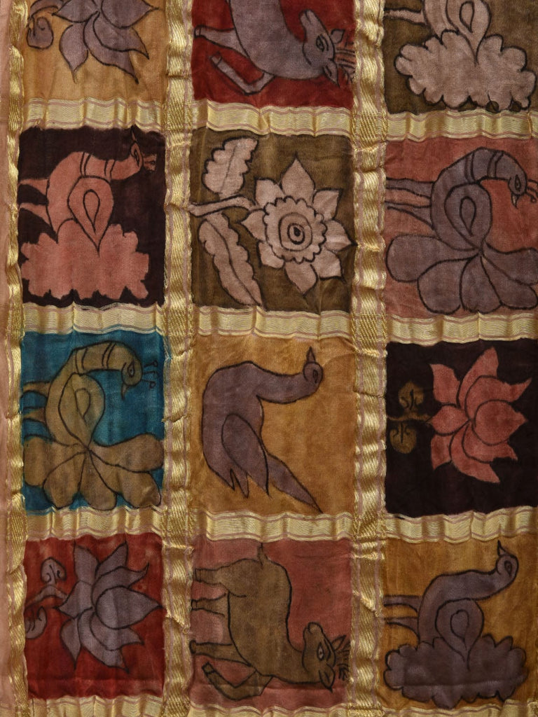 Multicolor Kalamkari Hand Painted Kanchipuram Silk Handloom Saree with Checks Design KL0687