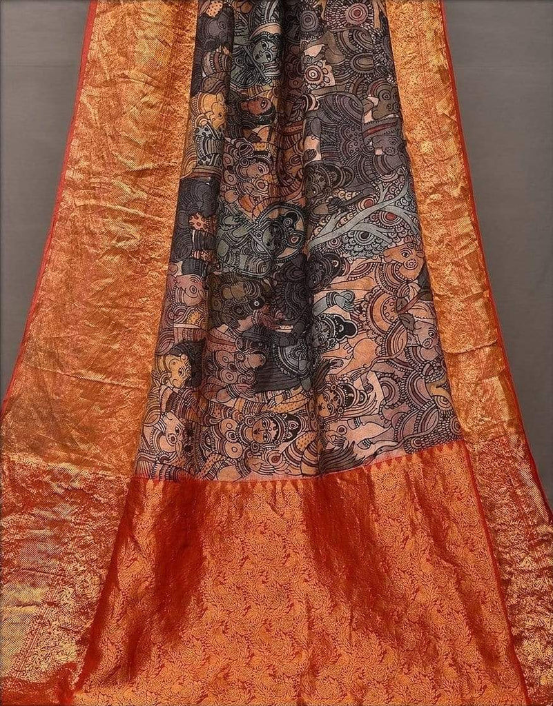 Multicolor Kalamkari Hand Painted Kanchipuram Silk Handloom Saree with Krishna Design KL0427