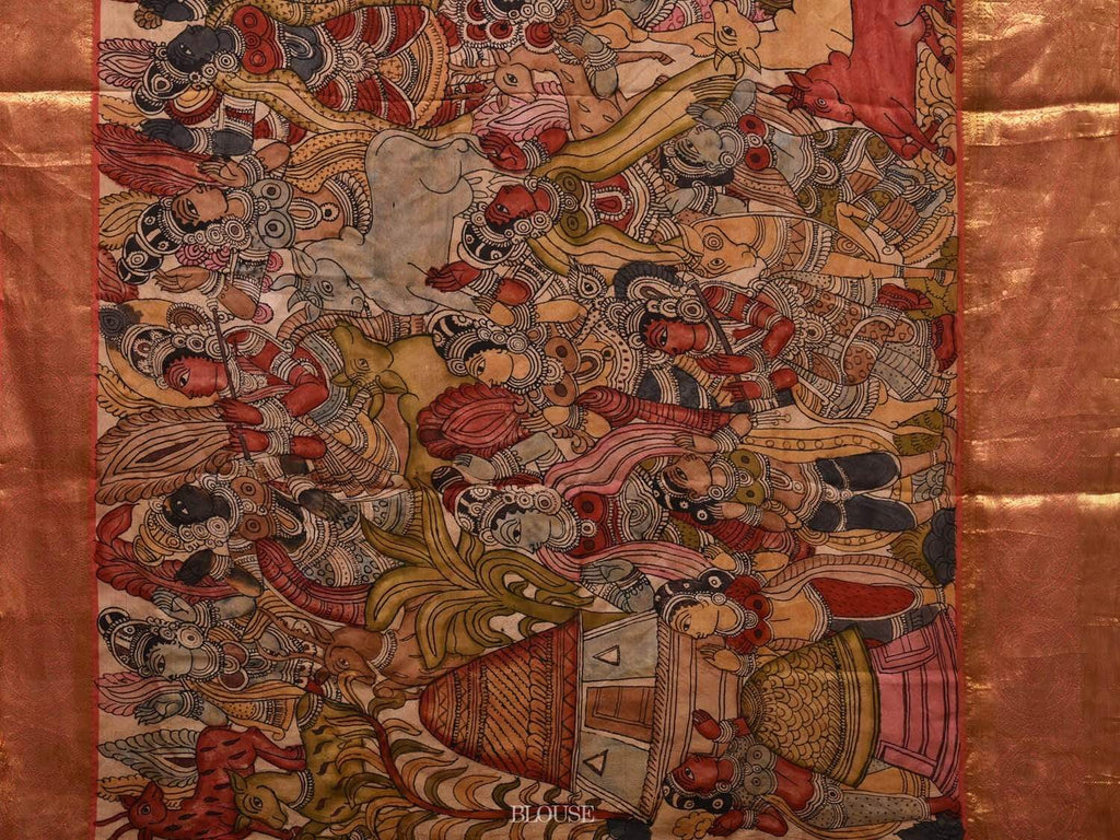 Multicolor Kalamkari Hand Painted Kanchipuram Silk Handloom Saree with Krishna Leela Design KL0523