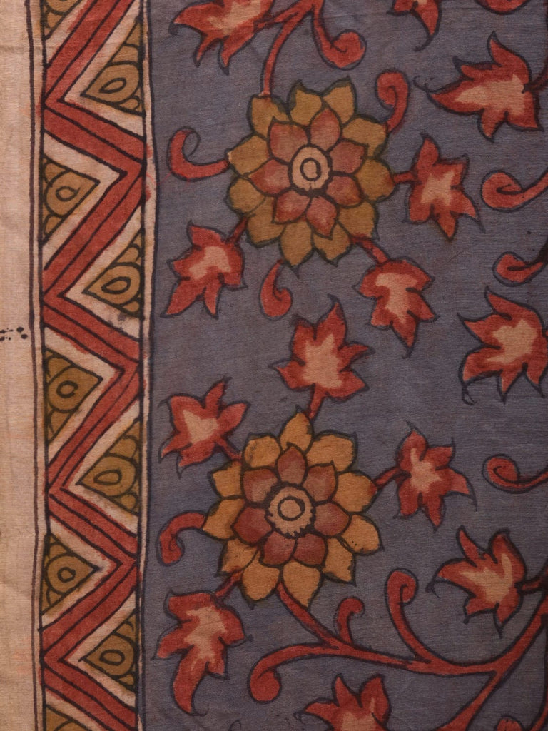 Multicolor Kalamkari Hand Painted Muga Silk Handloom Saree with Floral and Peacocks Pallu Design KL0593