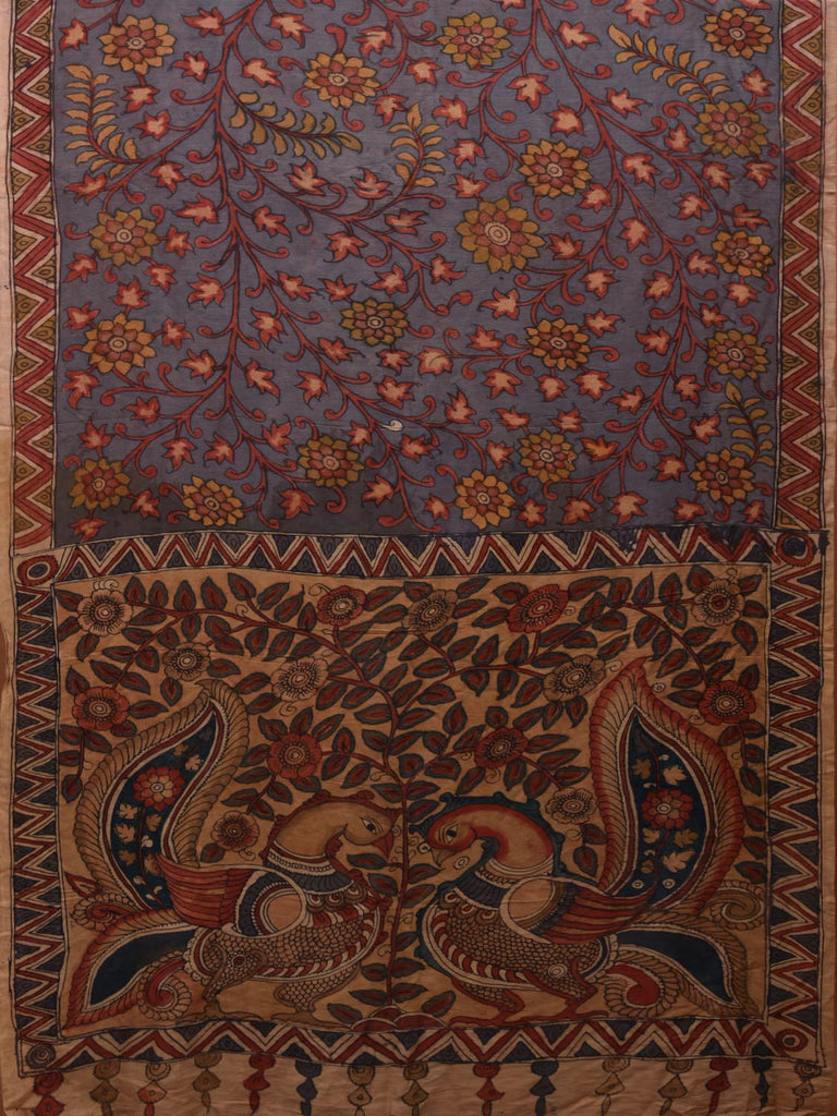 Multicolor Kalamkari Hand Painted Muga Silk Handloom Saree with Floral and Peacocks Pallu Design KL0593