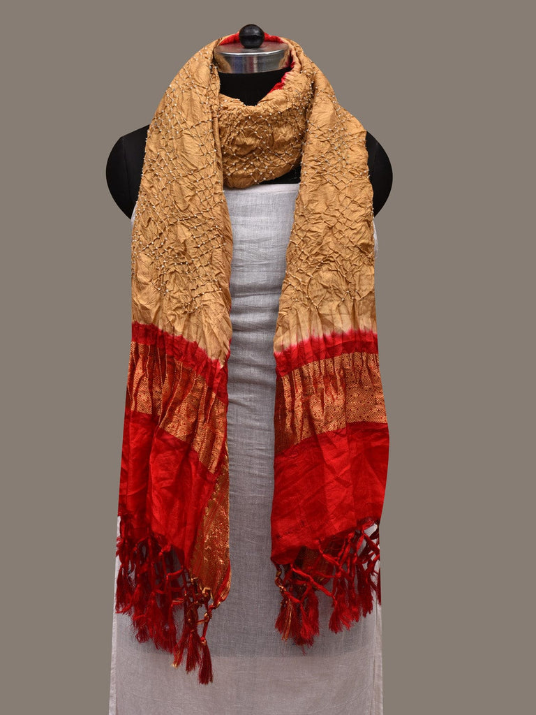 Mustard and Red Bandhani Kanchipuram Silk Handloom Dupatta with Border Design ds2692
