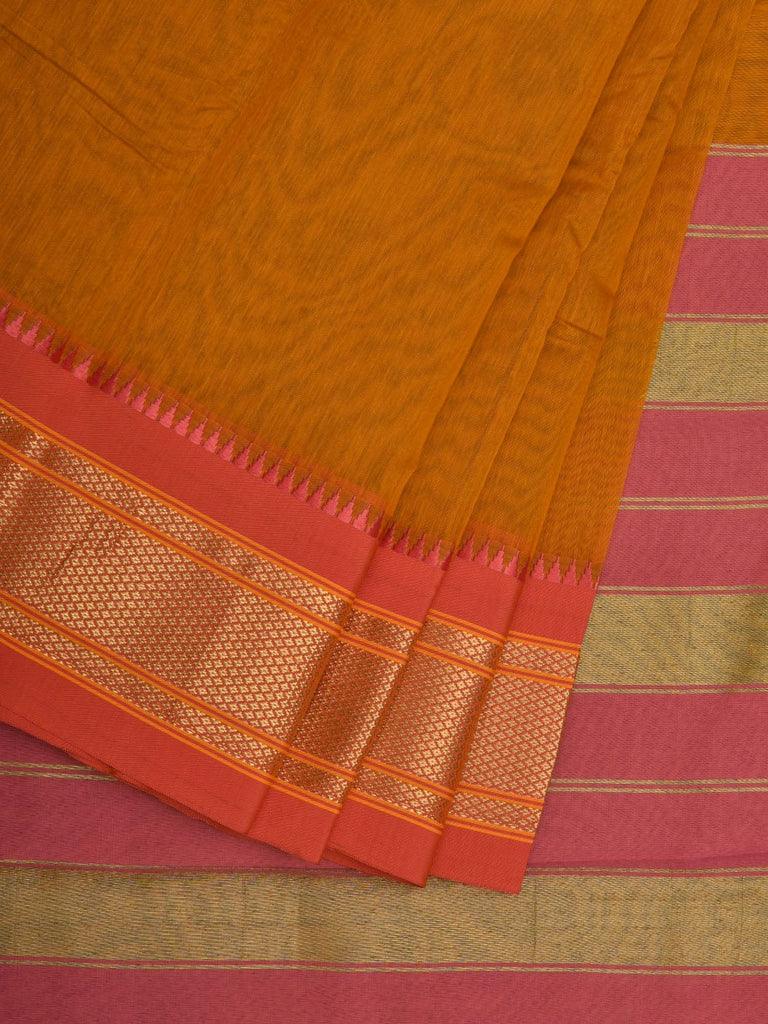 Mustard Bamboo Cotton Plain Saree with Narayanpet Border Design No Blouse o0346