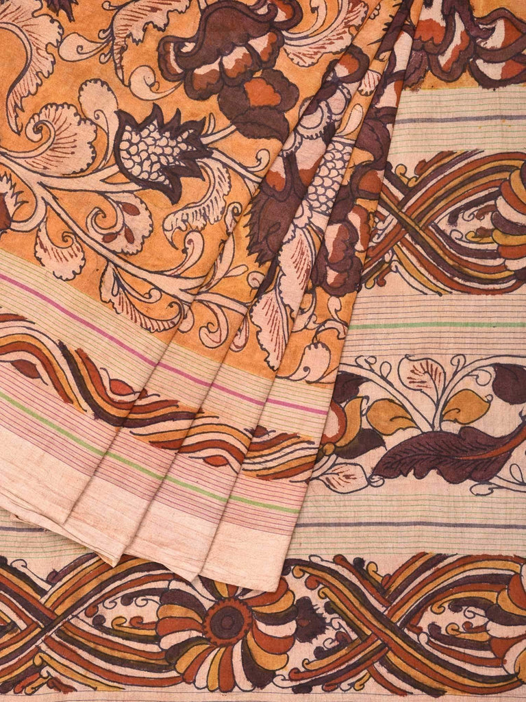 Mustard Kalamkari Hand Painted Cotton Handloom Saree with All Over Exotic Flowers Design kl0088