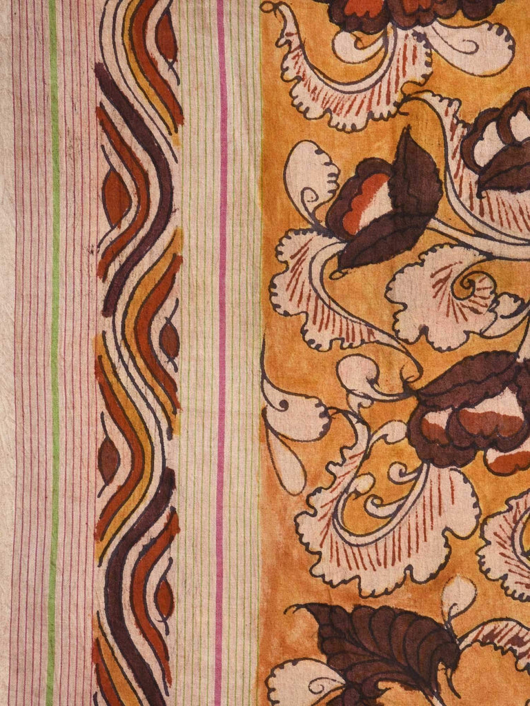 Mustard Kalamkari Hand Painted Cotton Handloom Saree with All Over Exotic Flowers Design kl0088