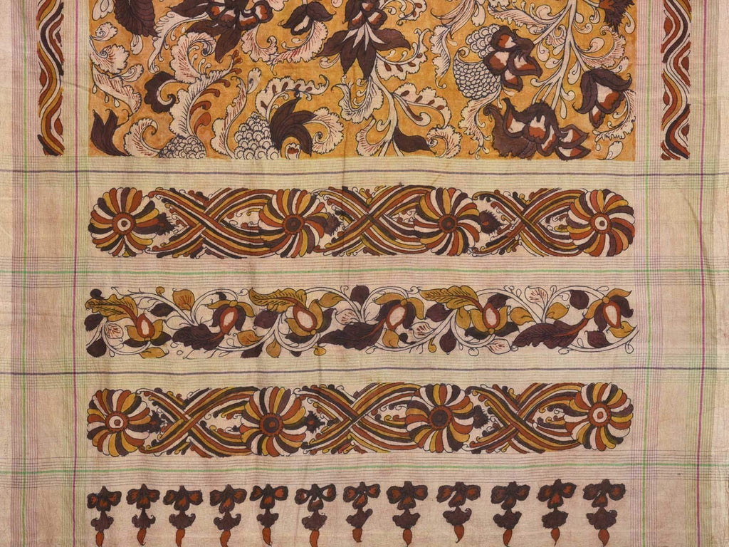 Mustard Kalamkari Hand Painted Cotton Handloom Saree with All Over Exotic Flowers Design kl0088