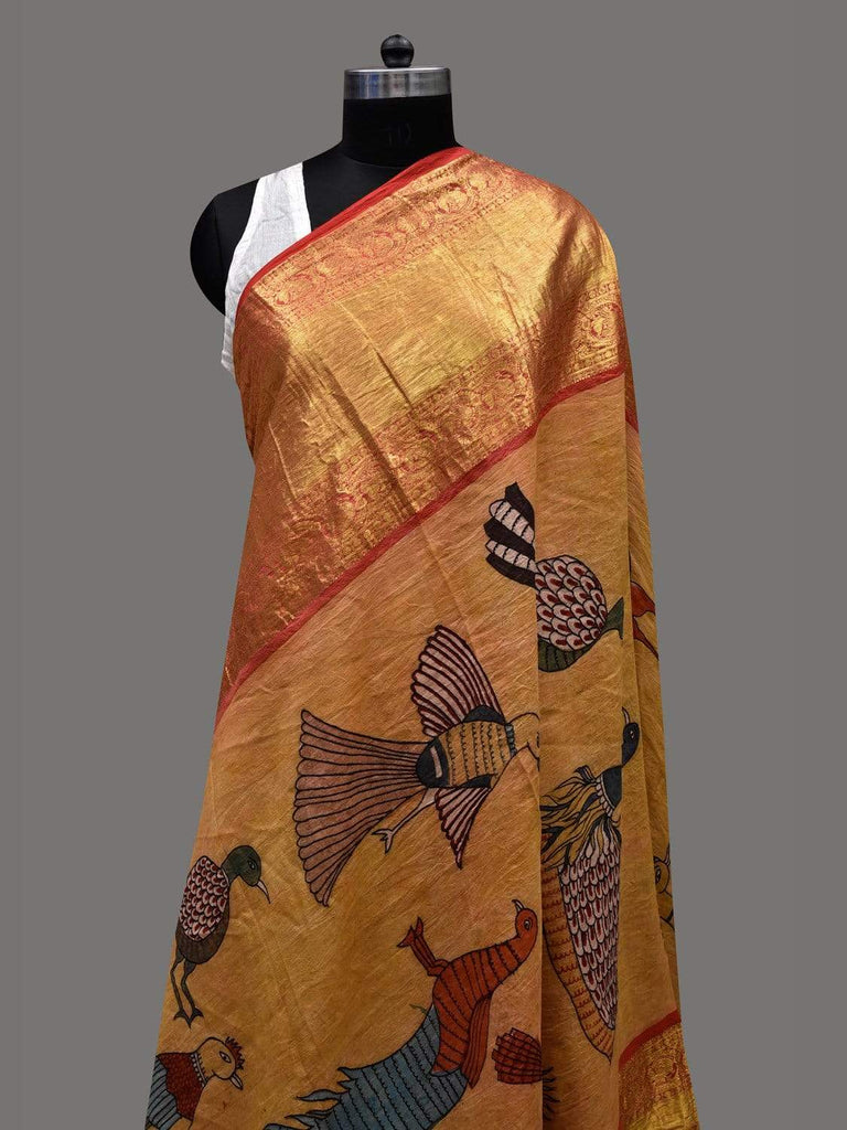 Mustard Kalamkari Hand Painted Kanchipuram Silk Handloom Dupatta with Birds Design ds2402