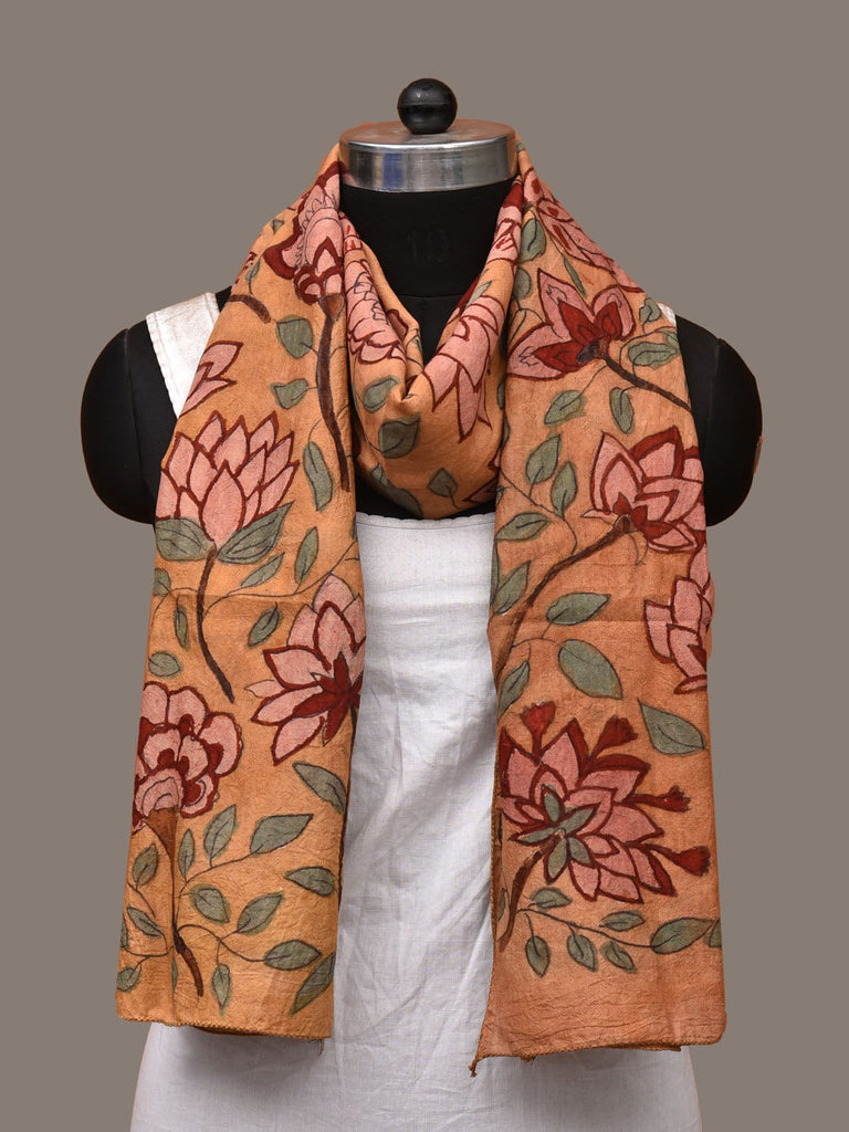 Mustard Kalamkari Hand Painted Sico Stole with Floral Design ds3149