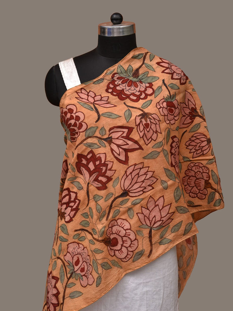 Mustard Kalamkari Hand Painted Sico Stole with Floral Design ds3149