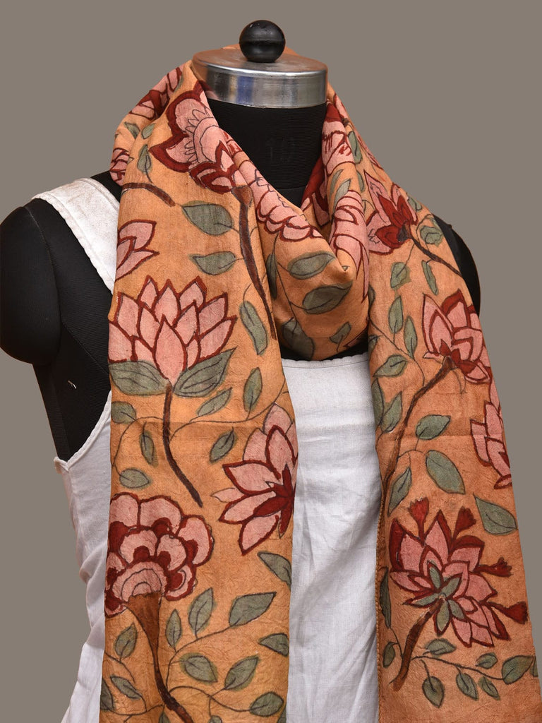 Mustard Kalamkari Hand Painted Sico Stole with Floral Design ds3149