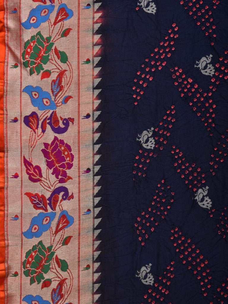 Navy Bandhani Paithani Silk Handloom Saree with Peacock Border Design bn0422