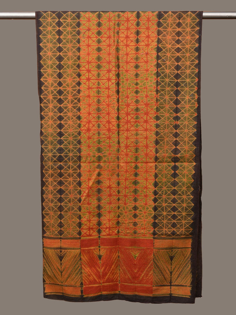 Olive and Orange Shibori Cotton Handloom Stole with Grill Design ds3153