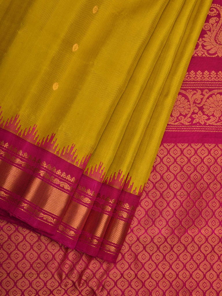Olive and Pink Gadwal Silk Handloom Saree with Mango Pallu and Temple Border Design g0298