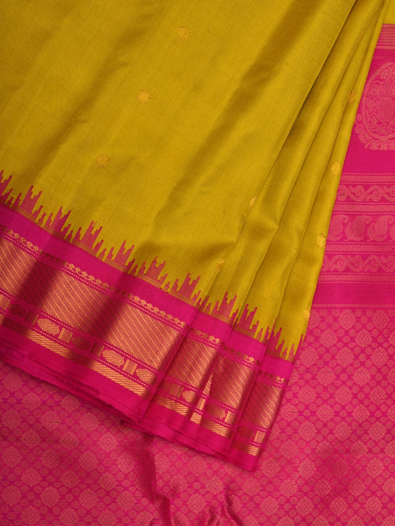 Olive and Pink Gadwal Silk Handloom Saree with Mango Pallu and Temple Border Design g0309