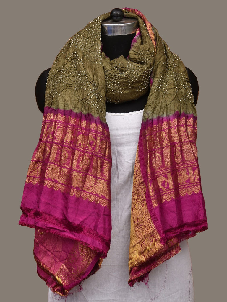 Olive and Purple Bandhani Kanchipuram Silk Handloom Dupatta with Border Design ds3121