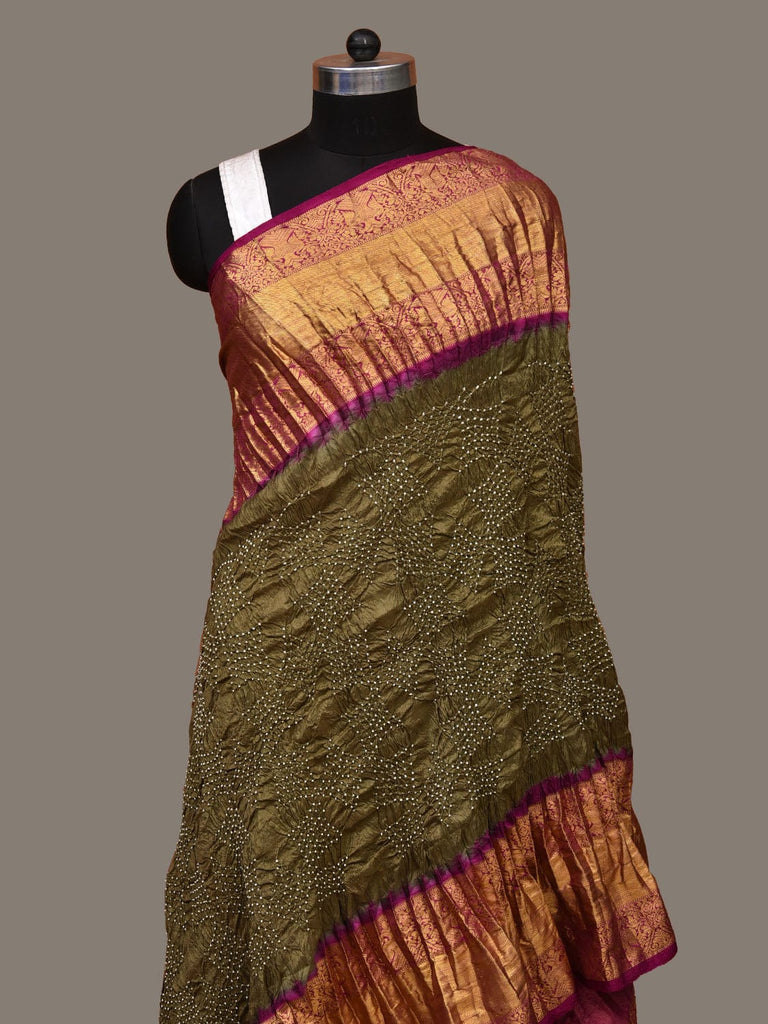 Olive and Purple Bandhani Kanchipuram Silk Handloom Dupatta with Border Design ds3121