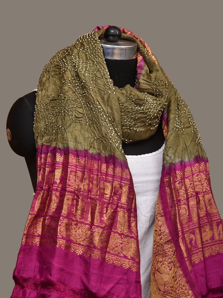 Olive and Purple Bandhani Kanchipuram Silk Handloom Dupatta with Border Design ds3121