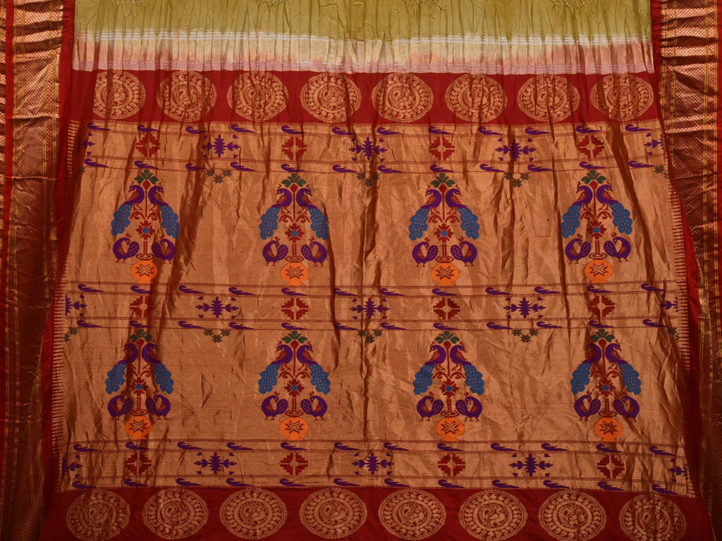 Olive and Red Bandhani Paithani Silk Handloom Saree with Pallu Design bn0436