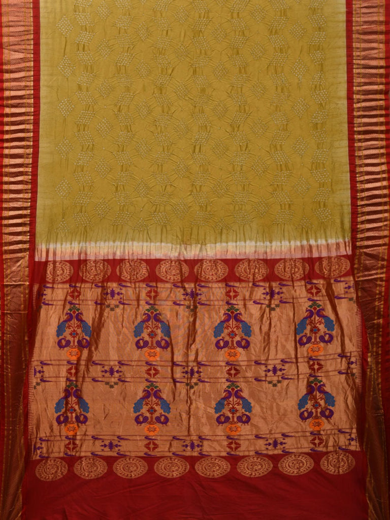 Olive and Red Bandhani Paithani Silk Handloom Saree with Pallu Design bn0436