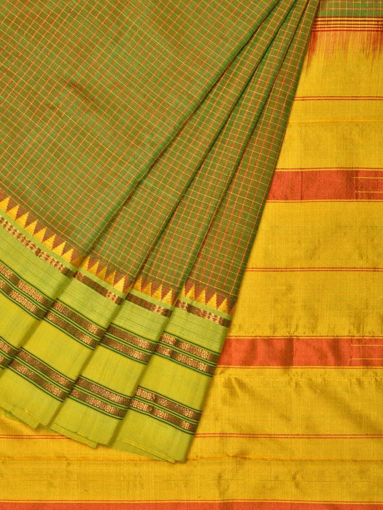 Olive and Yellow Narayanpet Silk Handloom Saree with Checks and Contrast Pallu Design No Blouse np0240