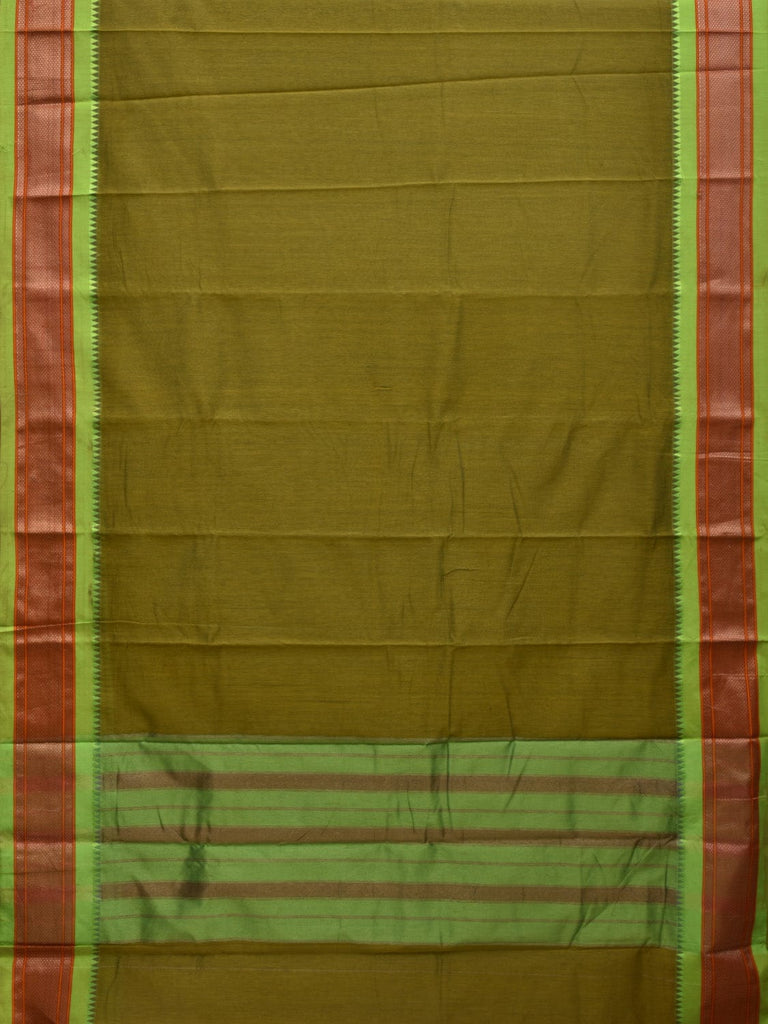 Olive Bamboo Cotton Plain Saree with Paithani Border Design No Blouse o0338
