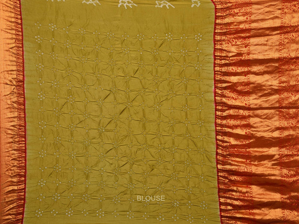 Olive Bandhani Kanchipuram Silk Handloom Saree with Pallu and Border Design bn0471