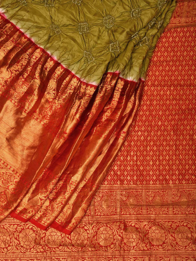 Olive Bandhani Kanchipuram Silk Handloom Saree with Pallu and Border Design bn0471