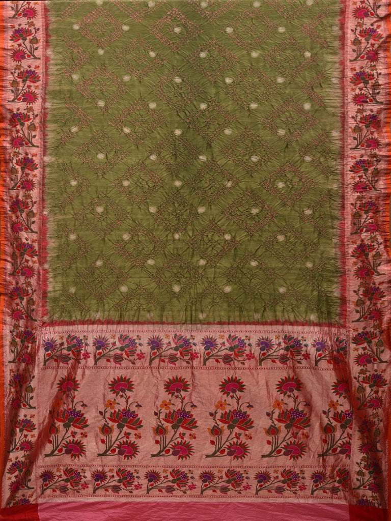 Olive Bandhani Paithani Silk Handloom Saree with Flowers Border and Pallu Design bn0377