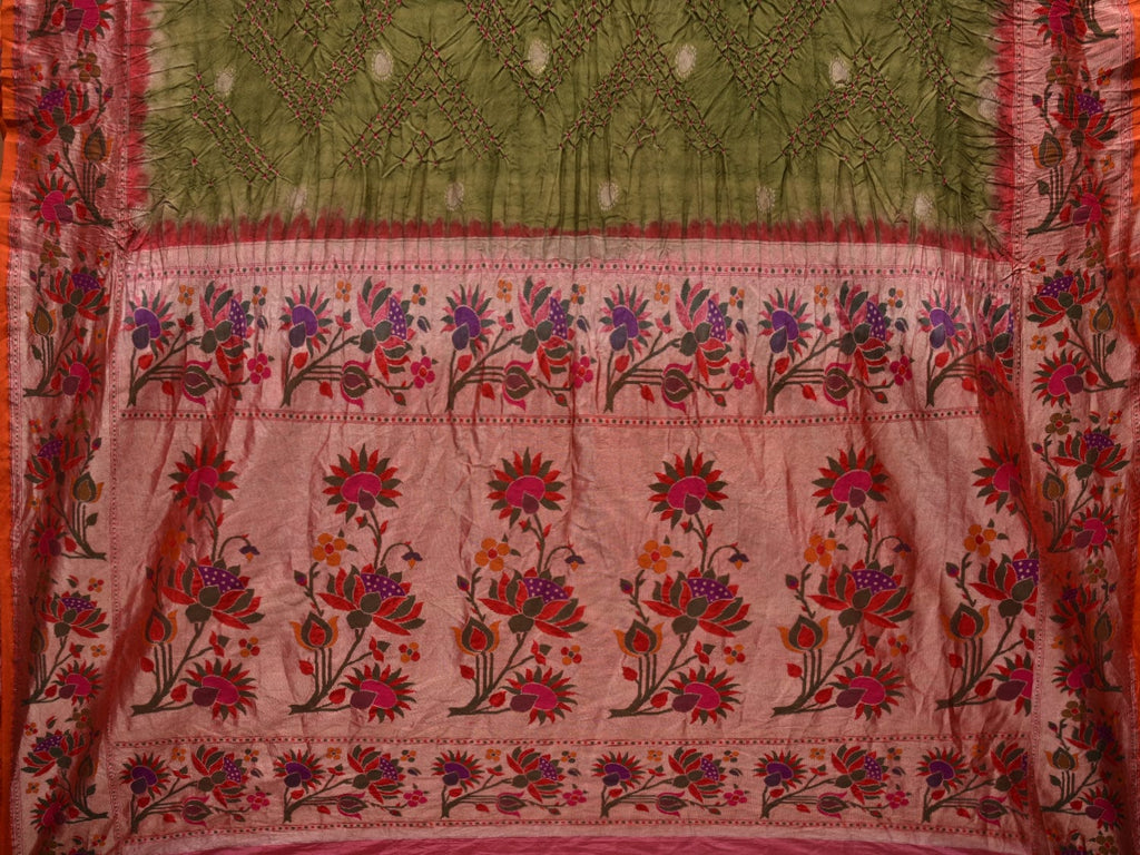 Olive Bandhani Paithani Silk Handloom Saree with Flowers Border and Pallu Design bn0377