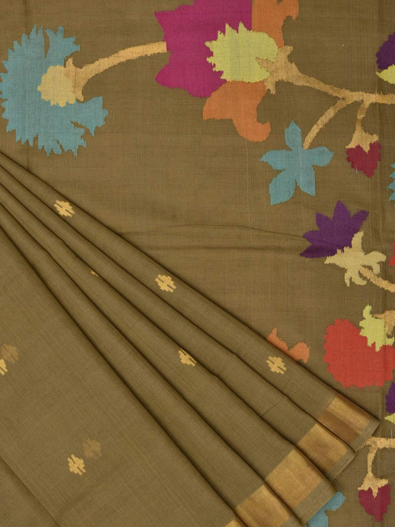 Olive Khadi Cotton Handloom Saree with Flower Pallu Design kh0287
