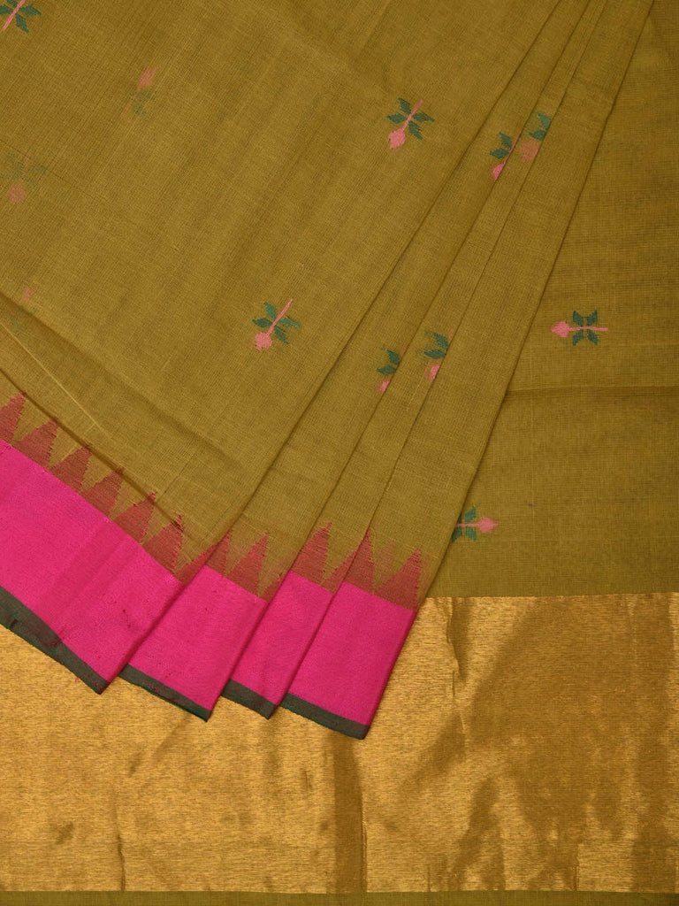 Olive Khadi Cotton Handloom Saree with Jamdani Buta Design kh0596