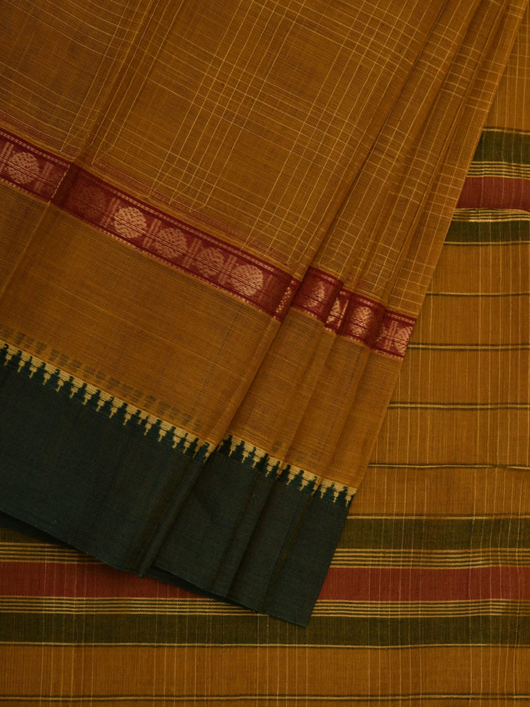 Olive Narayanpet Cotton Handloom Plain Saree with Checks Design No Blouse np0558