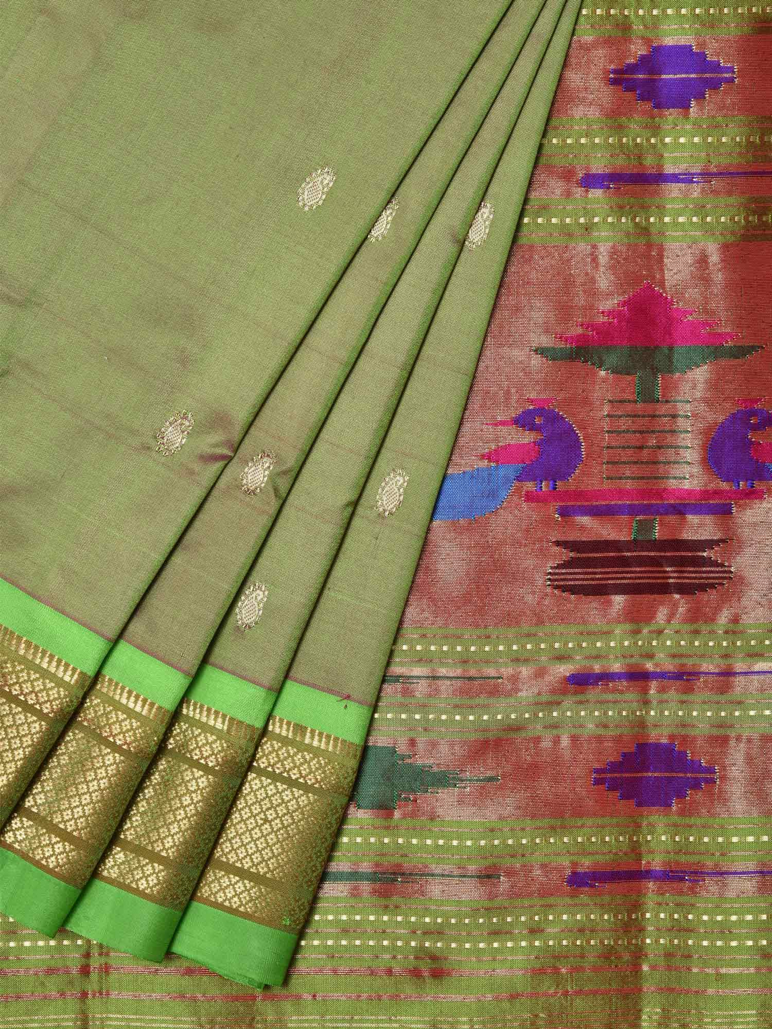 Woven Light Green Double Muniya Paithani Silk Saree | Buy Now!