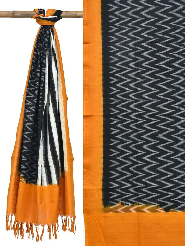 Orange and Black Pochampally Ikat Cotton Handloom Dupatta with Strips and Zig-Zag Design ds1840