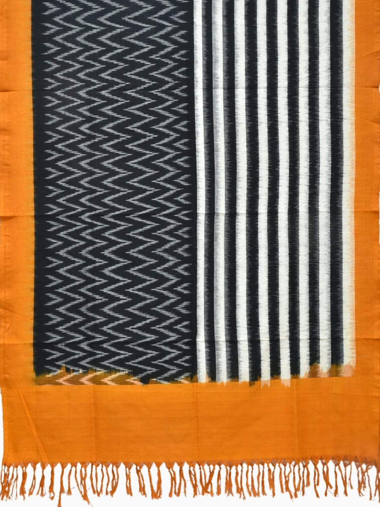 Orange and Black Pochampally Ikat Cotton Handloom Dupatta with Strips and Zig-Zag Design ds1840