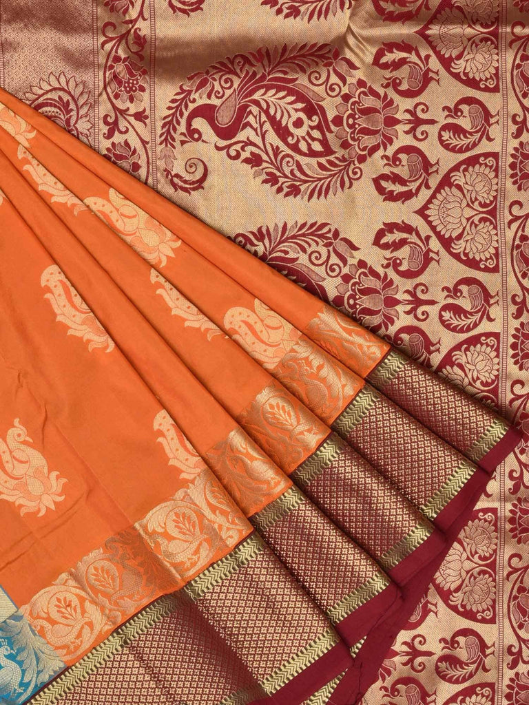 Orange and Blue Kanchipuram Silk Handloom Saree with Half-Half Design K0332