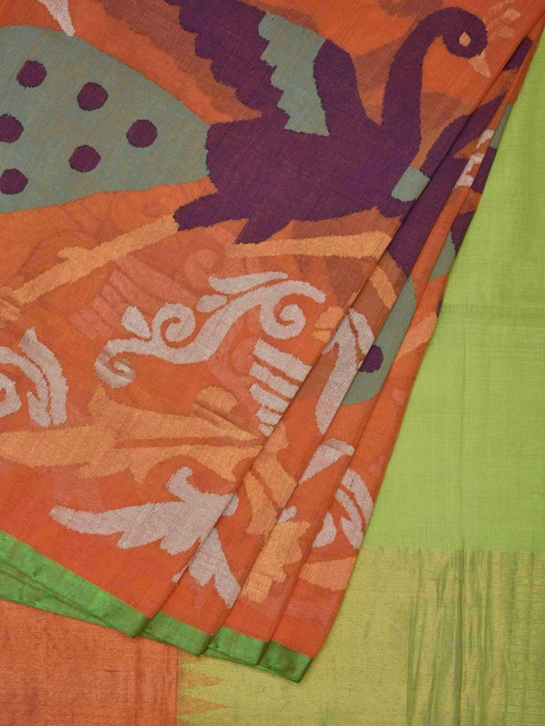 Orange and Green Khadi Cotton Handloom Saree with One Side Peacock and Parrot Design kh0350