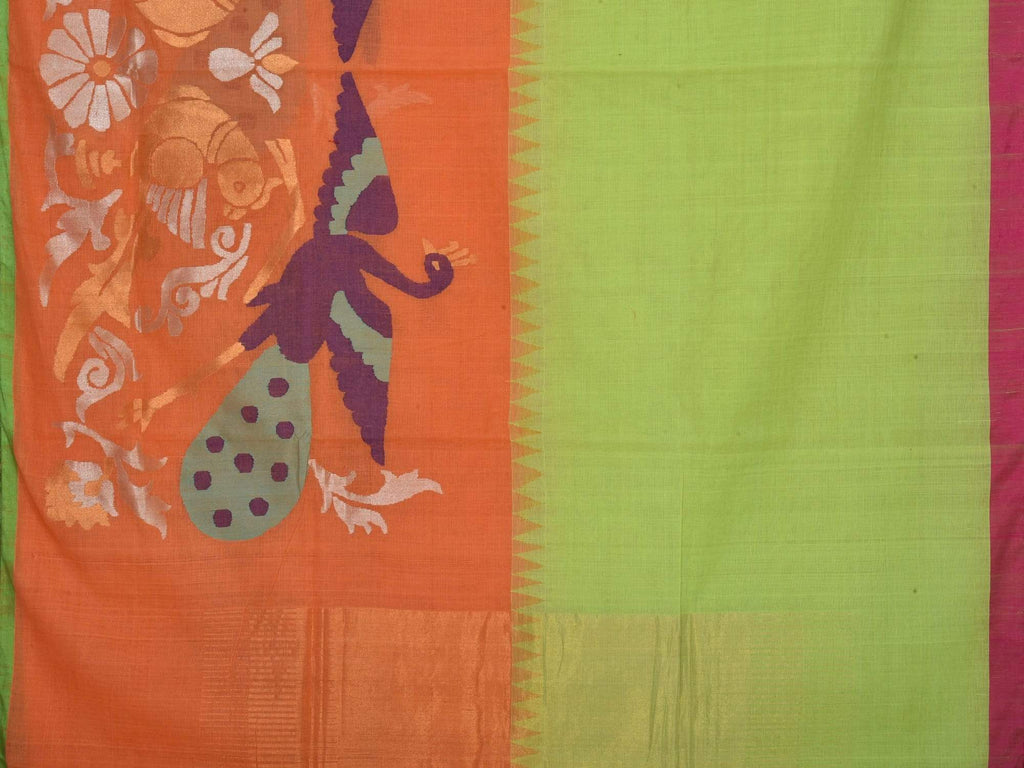 Orange and Green Khadi Cotton Handloom Saree with One Side Peacock and Parrot Design kh0350