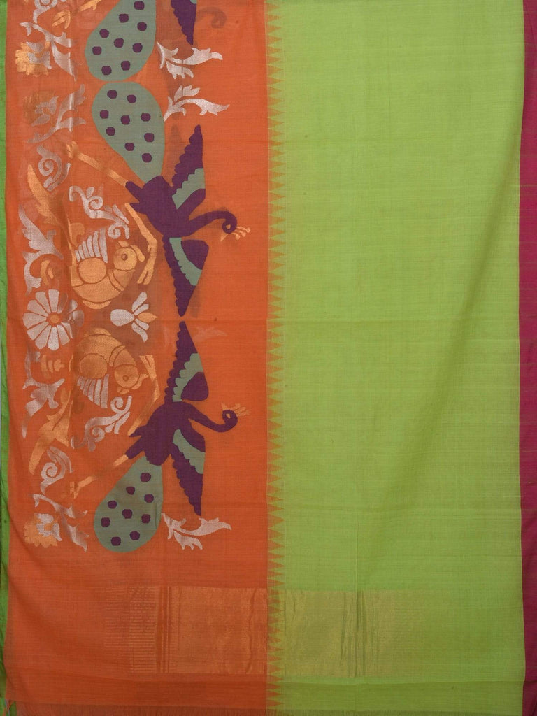 Orange and Green Khadi Cotton Handloom Saree with One Side Peacock and Parrot Design kh0350