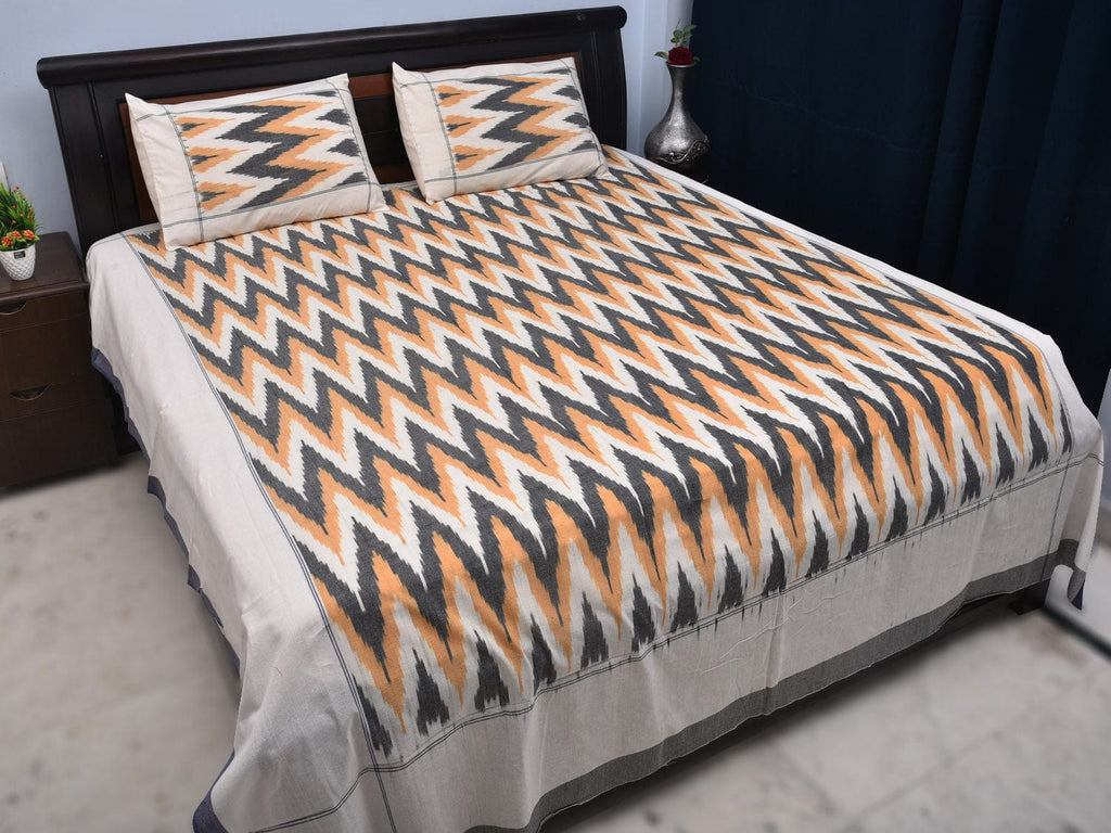 Orange and Grey Pochampally Ikat Cotton Handloom Bedsheet with Zig-Zag Design 90 x 108 Inches bd0046